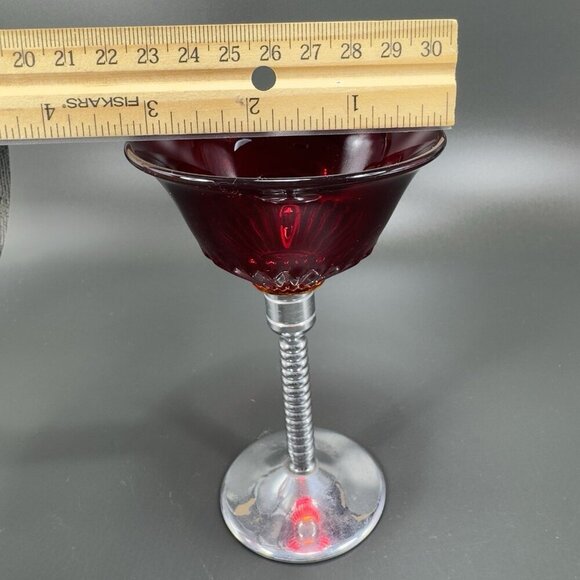 Art Deco Ruby Red Cadmium UV Glow Cocktail Glass Cups Chrome Stems Glasses Set2 - Picture 5 of 15